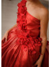 One Shoulder Dark Red 3D Flowers Shiny Organza Flower Girl Dress